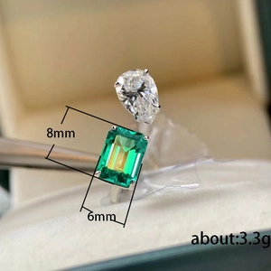 Silver square emerald and pear-cut crystal open ring, 8x6mm stone, weight 3.3g