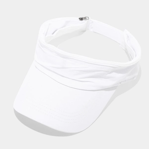 Detail view of white sun visor with zipper top and premium stitching for outdoor sports
