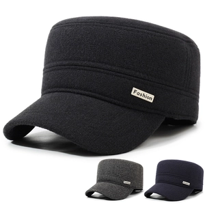 Men's Flat Top Hat Woolen Cadet Cap With Ear Protection Earflaps Warm Windproof Winter Military Hat For Elderly Dad