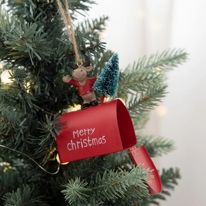 Christmas painted metal mailbox hanging ornament with elk plush and mini tree décor
