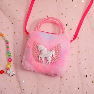 Pink plush unicorn shoulder bag for kids with sparkling sequins and bead necklace