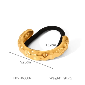 Detail showing dimensions of golden hammered metal ponytail holder with elastic band