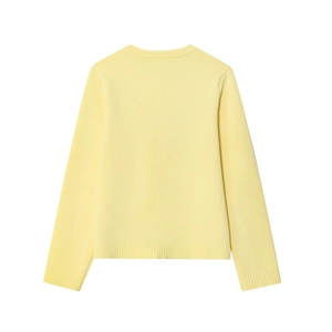 Women's cream yellow crewneck knit cardigan with single-breasted buttons and ribbed edges