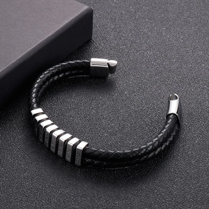 Men's double-layered braided leather bracelet with silver magnetic steel clasp