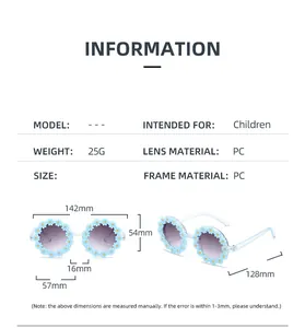 Size chart for children sunflower sunglasses showing PC lens dimensions and weight