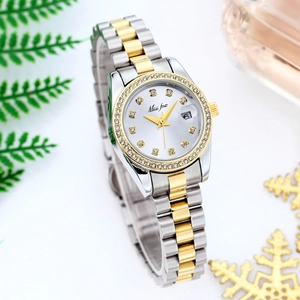 Close-up of two-tone steel watch featuring diamond bezel, date window and silver dial