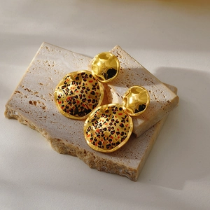 Retro 18k gold plated stainless steel leopard print stud earrings for women