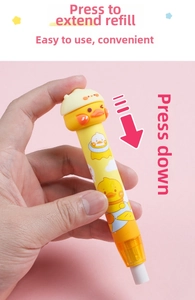 Detail of the duck cartoon retractable eraser showing the click mechanism in hand