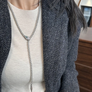 Faux Artificial Pearl Snake Head Pendant Long Y Necklace With Green Zirconia Eyes Vintage Elegant Adjustable Sweater Chain Women