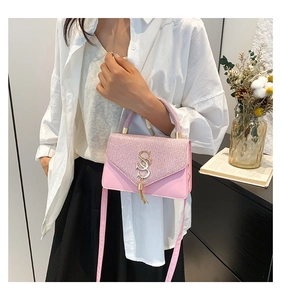 Pink crossbody bag detail showing gold SS metal buckle and fringe tassel on a model