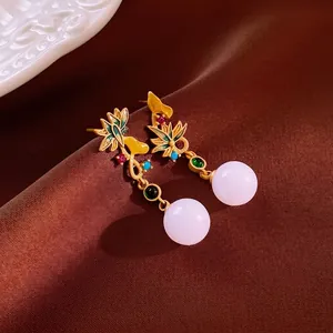New Chinese style lotus drop earrings with vintage metalwork and purple pearls