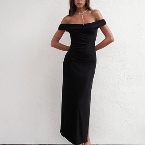 Elegant off-shoulder black mesh slit dress with slim fit design for professional women