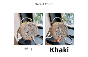 Detail view of khaki and cream white crossbody bags with elegant floral embroidery