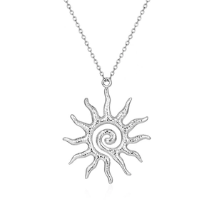 Minimalist silver sunflower pendant necklace with hammered texture and spiral design
