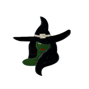 Halloween witch brooch in black and green enamel with sparkling rhinestones on the hat