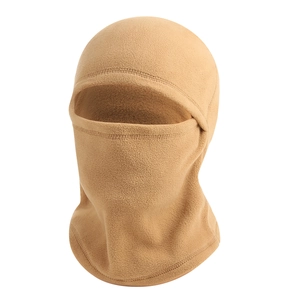 Detailed view of the soft khaki fleece material and stitching on the balaclava mask