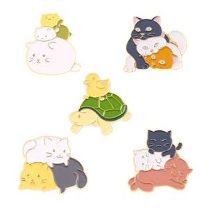 Cute enamel animal brooches featuring cartoon cats and duck on turtle in gold metal