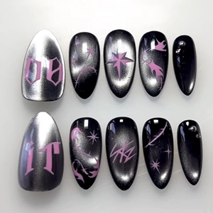Cool Magnetic Cat Eye Press On Nails Gothic Pink Graffiti Flame Starburst Design Long Almond Fake Nails For Women