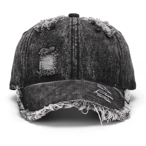 Distressed vintage dark grey denim baseball cap with ripped details and frayed edges