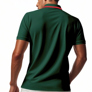 Rear view of a dark green short-sleeved polo shirt with red collar trim on a male model