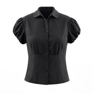 Vintage style black puff sleeve shirt with single-breasted buttons and cinched waistline