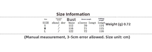 Size chart for women's loose long cotton coat with shoulder and bust measurements