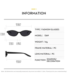 Detailed size chart for retro oval sunglasses showing dimensions and PC frame specifications