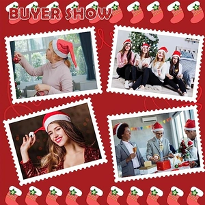 Collage of customers wearing the festive red Christmas hat with white plush trim detail