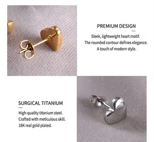 Detail of surgical titanium heart earrings with 18K gold plating and back view
