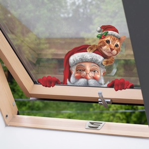 Christmas window sticker featuring Santa and cat peeking through glass on a wooden roof window