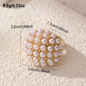 Detail view of pearl ring showing dimensions 2.4cm x 2.2cm and weight 9.6g on stone