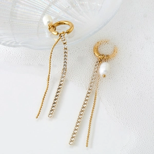 Elegant gold-plated stainless steel tassel earrings with sparkling zircon and pearl drops