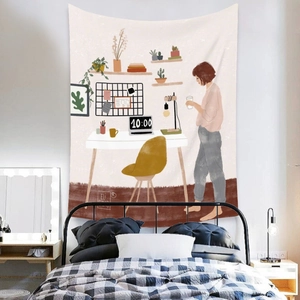 Detail of bohemian tapestry featuring a minimalist interior illustration above a bed