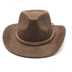 Detailed view of brown suede cowboy hat featuring woven band with gold metal bead accents