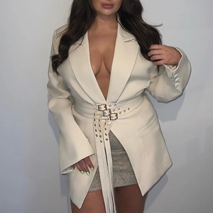 Detail view of cream long sleeve blazer with a matching double-ring belt closure