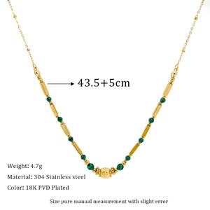 Detail of 18K gold-plated stainless steel necklace with green beads and size chart