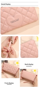 Detailed views of pink PU leather long wallet with quilted heart patterns and wrist strap