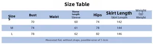 Size chart for high neck evening dress with detailed measurements for S, M and L