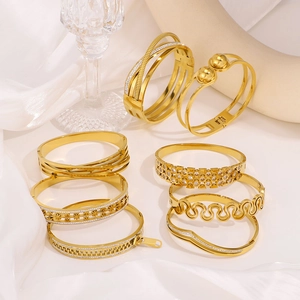 Vintage 18k gold plated stainless steel bangles with hollow geometric and zircon designs