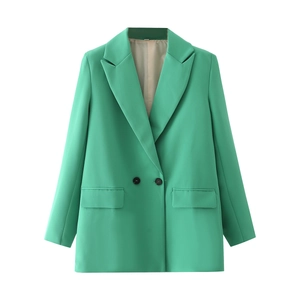 Detail of bright green double-breasted blazer with notch lapels and flap pockets