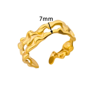 Detail showing the 7mm width of the golden 18K gold plated lava textured open ring