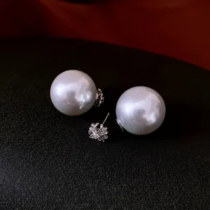 French style silver pin double pearl earrings with cubic zirconia and round shell beads