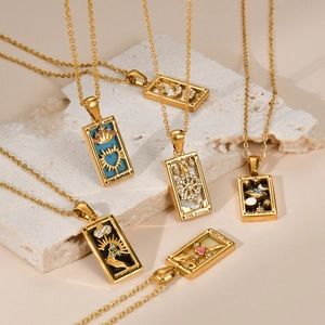 Gold-plated stainless steel Tarot necklaces with colorful enamel and zircon crystals