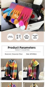 Detail of colorful rainbow plaid scarf with pom-poms and fringe, size 38x230cm polyester