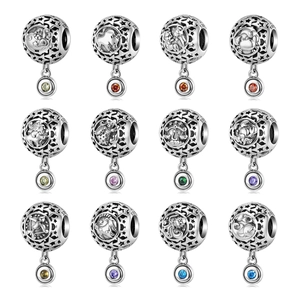 Set of 12 Zodiac 925 silver charms with colorful gemstones for snake chain bracelets