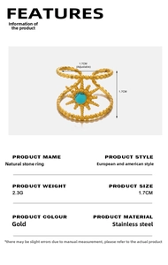 Detailed specs of adjustable gold starburst ring with turquoise stone inlay
