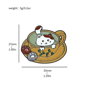 Detailed size specifications for the cute cartoon cat coffee cup enamel brooch pin