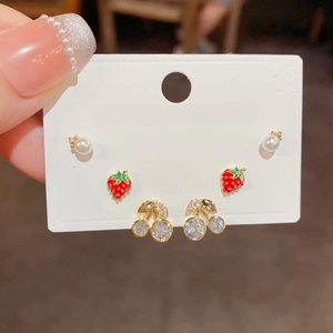 S925 silver needle earring set featuring pearl, red strawberry and gold cherry designs