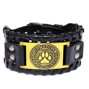 Handmade black leather bracelet with bear paw metal plate and runic engravings