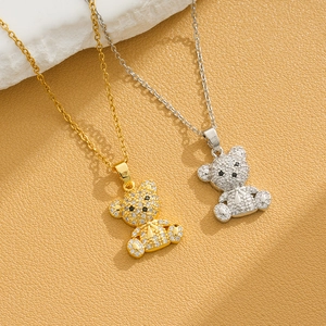 Sparkling 3D teddy bear pendant necklaces in gold and silver finish with crystal pavé